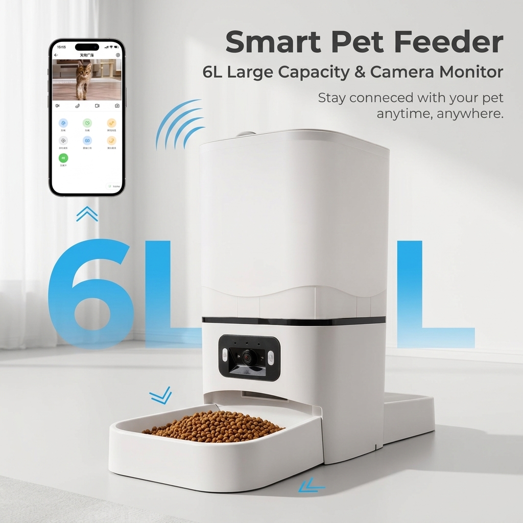 Kitchen Appliances Video - เครื่องให้อาหารสัตว์เลี้ยงอัตโนมัติ 6 ลิตร พร้อมกล้องและแอปพลิเคชันควบคุม สำหรับแมวและสุนัข ชามสแตนเลส