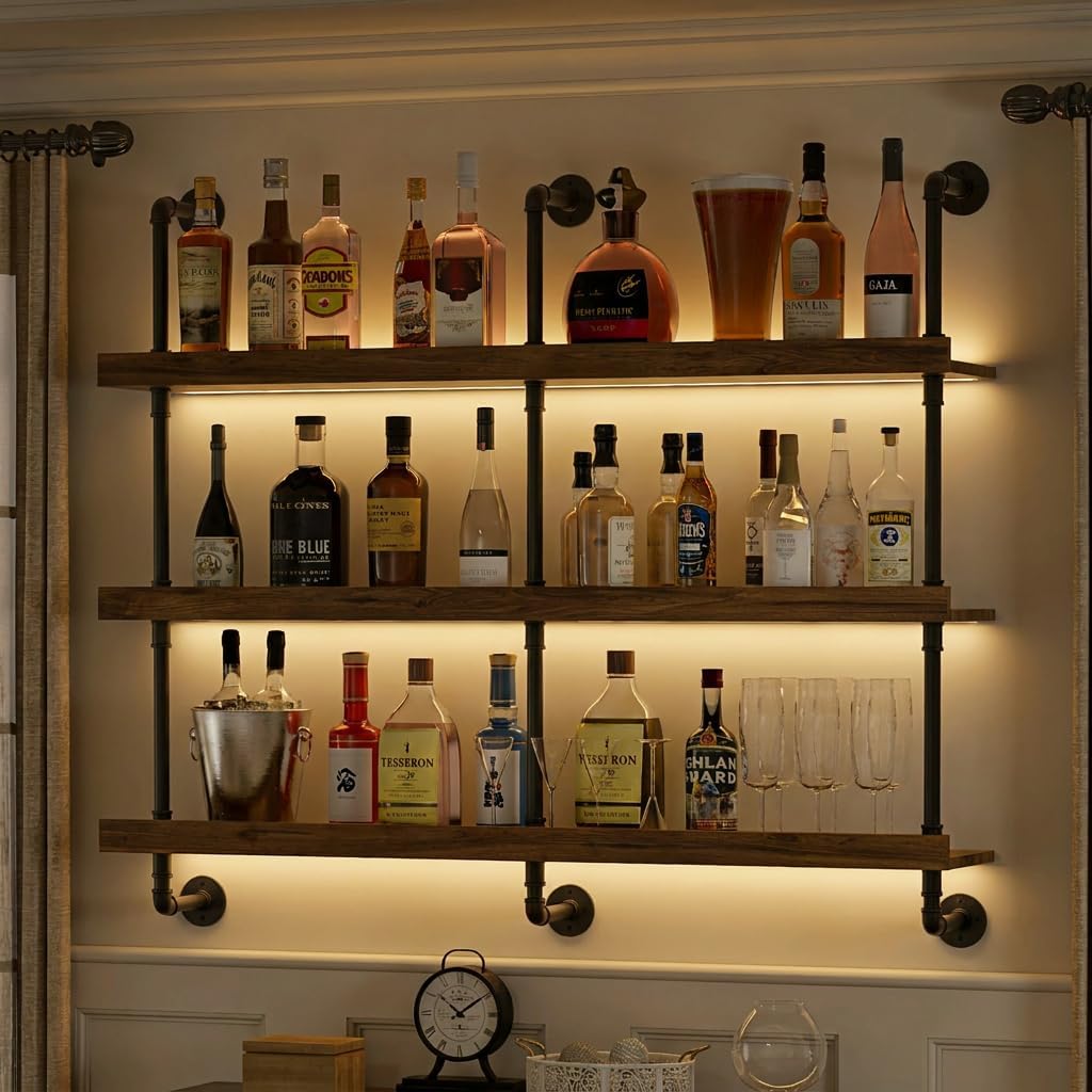 Kitchen Appliances Rack - ชั้นวางไวน์ติดผนังพร้อมไฟ LED แบบสามชั้น ชั้นวางลอยสำหรับจัดแสดงและเก็บขวดเหล้า ที่วางไวน์สไตล์โมเดิร์นสำหรับห้องครัว บาร์ในบ้าน